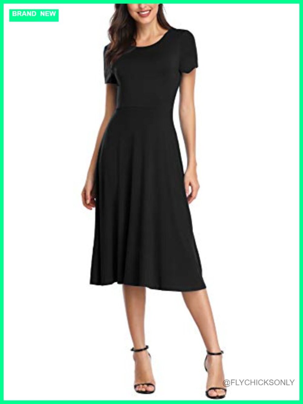 Vintage Midi Casual Dress Short Sleeve High Waist Flared Viscose Spandex